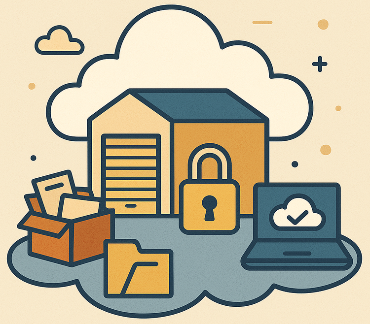 Illustration of a cloud-shaped storage unit with a lock, file boxes, folders, and a laptop, representing secure cloud storage and digital data protection.