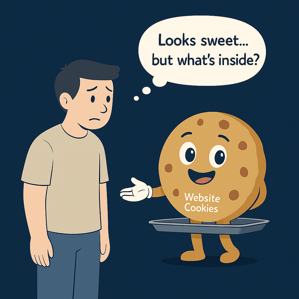 Person looking skeptically at a smiling cookie hiding one hand. Thought bubble: “Looks sweet… but what’s inside?”
